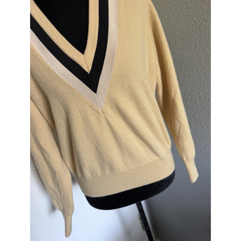 Sandro Paris Womens M US 6 Wool Cashmere V Neck Sweater Beige Contrast Trim - Picture 3 of 8